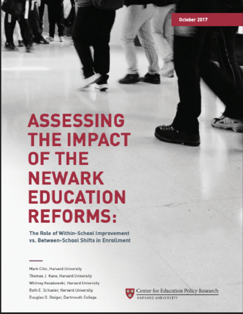 image - CharterFolk Cover page of a report titled 'Assessing the Impact of the Newark Education Reforms' with a red date badge reading October 2017 and Harvard Center for Education Policy Research logo.